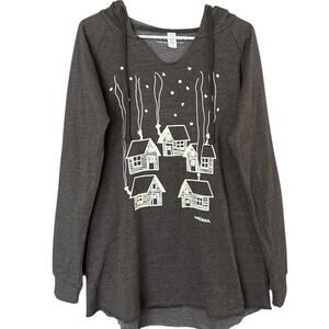 MARUSHKA Hoodie Tunic Sweatshirt Women's Medium Gray Cabin Graphic Long Sleeve